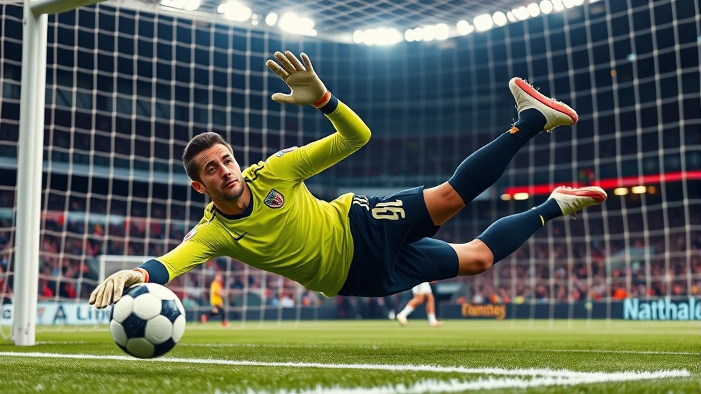 Soccer goalkeeper making an athletic save diving horizontally across the goal, demonstrating explosive power and defensive positioning with a soccer ball in motion, professional stadium background with proper lighting