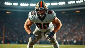 Professional football linebacker in mid-tackle position, muscular physique, defensive stance with lowered center of gravity, dynamic forward momentum, stadium lighting, photorealistic athletic movement