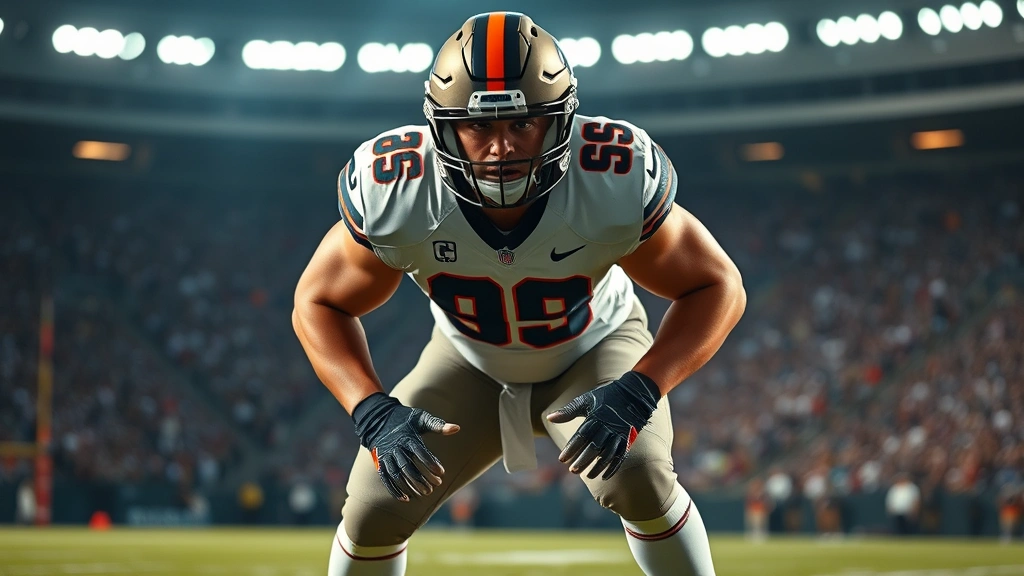 Professional football linebacker in mid-tackle position, muscular physique, defensive stance with lowered center of gravity, dynamic forward momentum, stadium lighting, photorealistic athletic movement