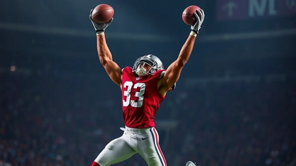 Football receiver in jumping catch position, explosive vertical leap, arms extended upward reaching for football, defined musculature, athletic intensity, dynamic action pose, professional sports photography style