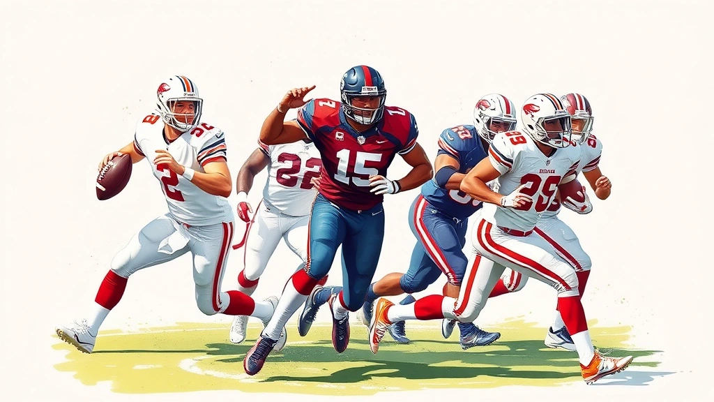 Group of football players in action - quarterback throwing position with receiver running route, defensive player pursuing, showing varied athletic poses and body positions, dynamic composition, realistic sports illustration