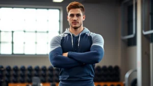Athletic male player wearing coordinated navy compression base layer under light gray performance hoodie with white sneakers, standing confidently with arms crossed, well-lit gym environment, focused expression