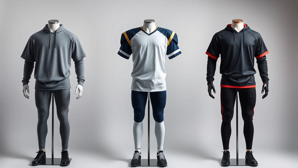 Three different football drip outfits displayed on athletic mannequins: monochromatic gray look, navy and white layered fit, and black with accent color coordination, professional photography studio lighting