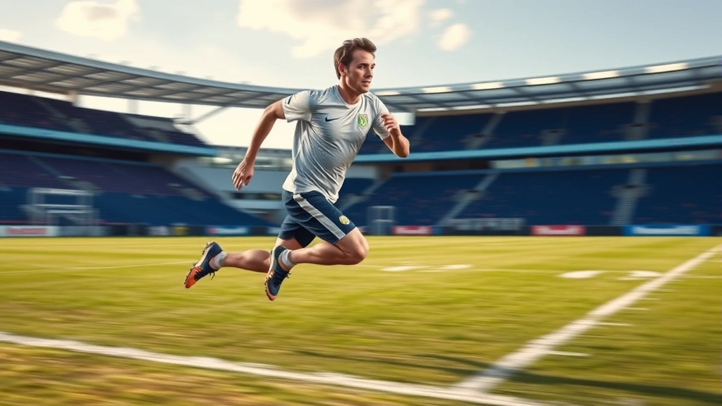 Football player sprinting at maximum velocity on grass field, explosive acceleration, athletic stride, outdoor stadium environment, dynamic motion, no text overlay