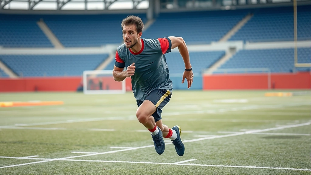 Athletic football player sprinting at maximum effort across field during intense training session, sweat visible, determined facial expression, stadium background