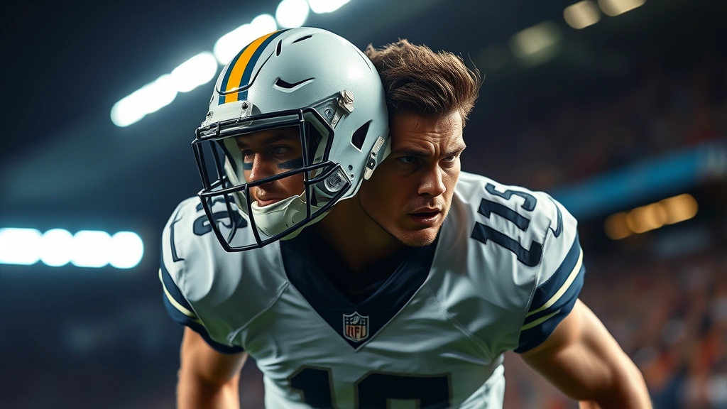 Football player in final match minutes showing mental toughness during fatigue, pushing through exhaustion with determined expression, stadium lights, crowd blurred background