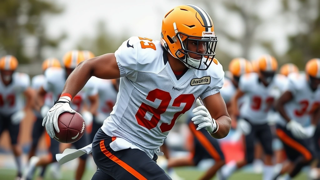 Professional football player in full uniform during practice drills, visible compression girdle under uniform, executing explosive lateral movement and cutting motion, dynamic action shot with depth of field