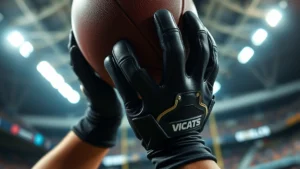 Close-up of athlete's hands wearing premium football gloves catching a leather football in professional stadium lighting, detailed grip texture visible on palm