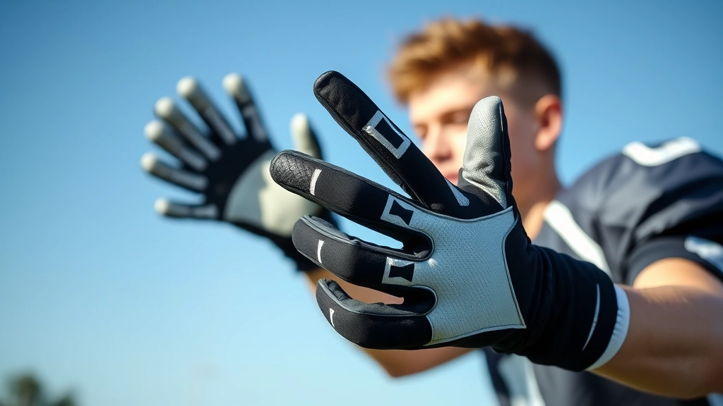 Young athlete wearing fitted black and white football gloves making a catching motion against a clear blue sky, hands in sharp focus showing grip texture detail, outdoor field setting, action shot
