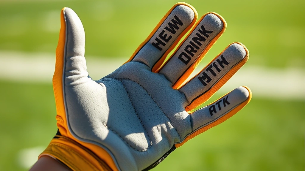 Close-up of youth football glove palm showing silicone grip pattern and padding, hand positioned naturally in catching stance, bright natural lighting highlighting material texture and quality construction