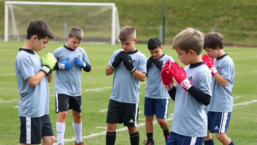 Group of young football players on practice field wearing various colored gloves during drill work, demonstrating proper fit and usage, authentic training environment with grass and goal posts visible
