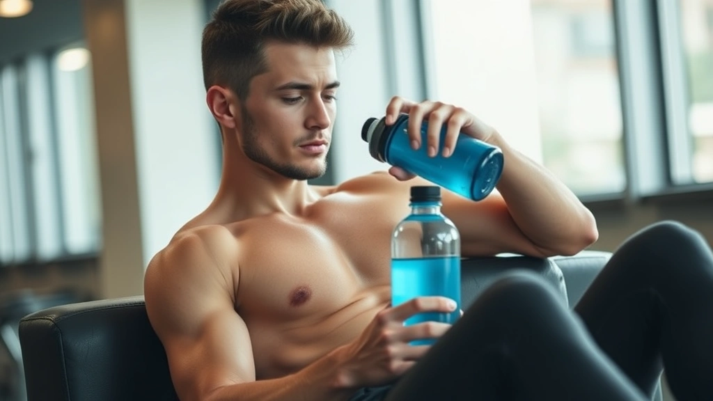 Young athletic male resting and recovering after intense workout, sitting with water bottle in comfortable gym setting, showing post-training fatigue and hydration recovery