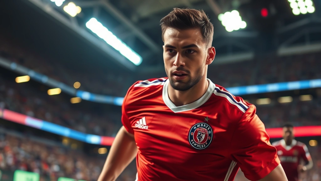 Professional athlete wearing premium football jersey during intense game action, stadium lights illuminating dynamic movement, high-quality fabric detail visible, focused determination on face, authentic team colors vibrant