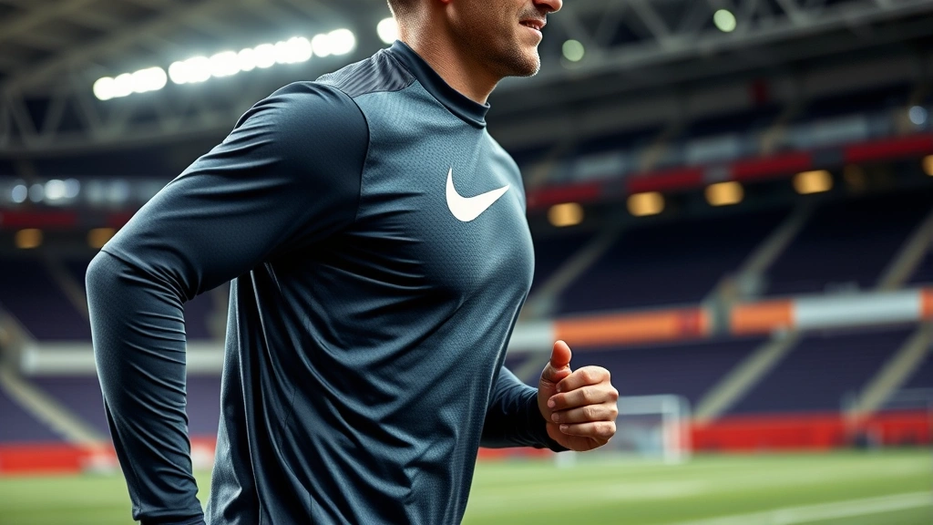 Athlete in modern moisture-wicking football jersey during training session, sweat visible on fabric, athletic movement captured mid-stride, professional stadium or training facility background, showcasing performance features and fit