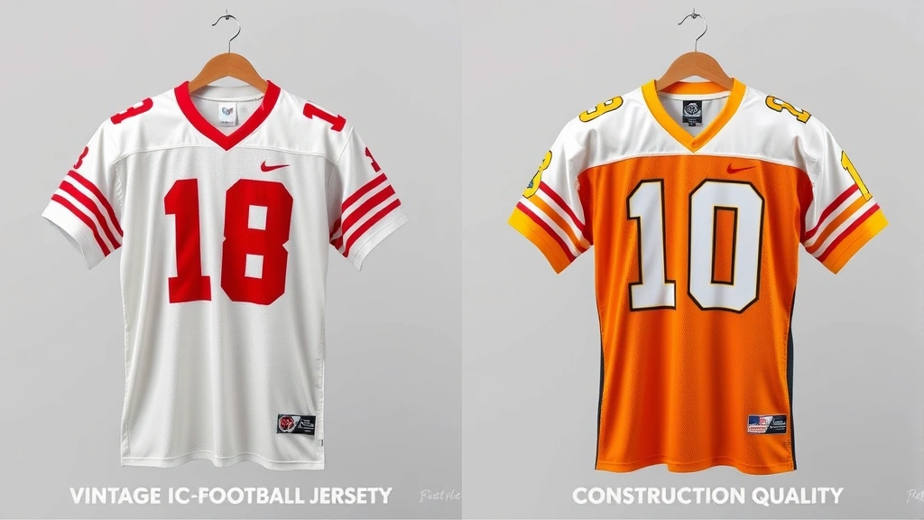 Vintage and contemporary football jerseys displayed side-by-side comparison, showing construction quality differences, stitching details visible, professional product photography lighting, authentic team logos prominent, neutral background