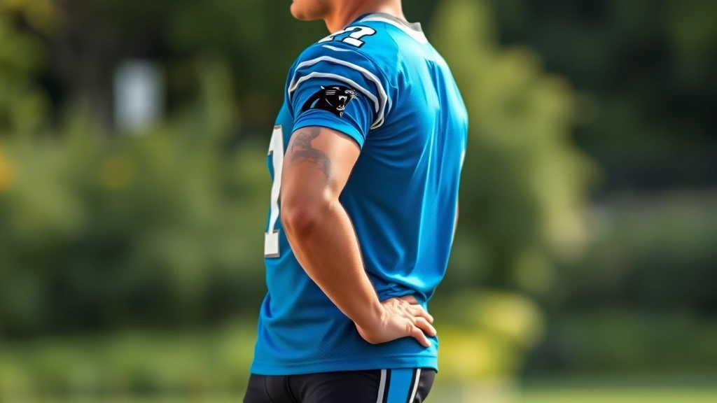 Athletic male model wearing Carolina Panthers replica jersey in blue, standing in relaxed pose showing proper fit from chest to hip, natural lighting, clear visibility of sleeve length and shoulder seams, photorealistic