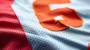 Close-up of premium football jersey fabric texture showing nylon mesh construction, moisture-wicking material in vibrant team colors, detailed stitching on numerals, professional studio lighting