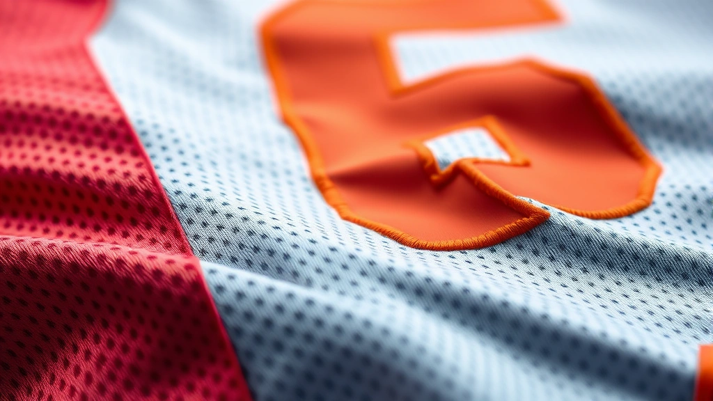 Close-up of premium football jersey fabric texture showing nylon mesh construction, moisture-wicking material in vibrant team colors, detailed stitching on numerals, professional studio lighting