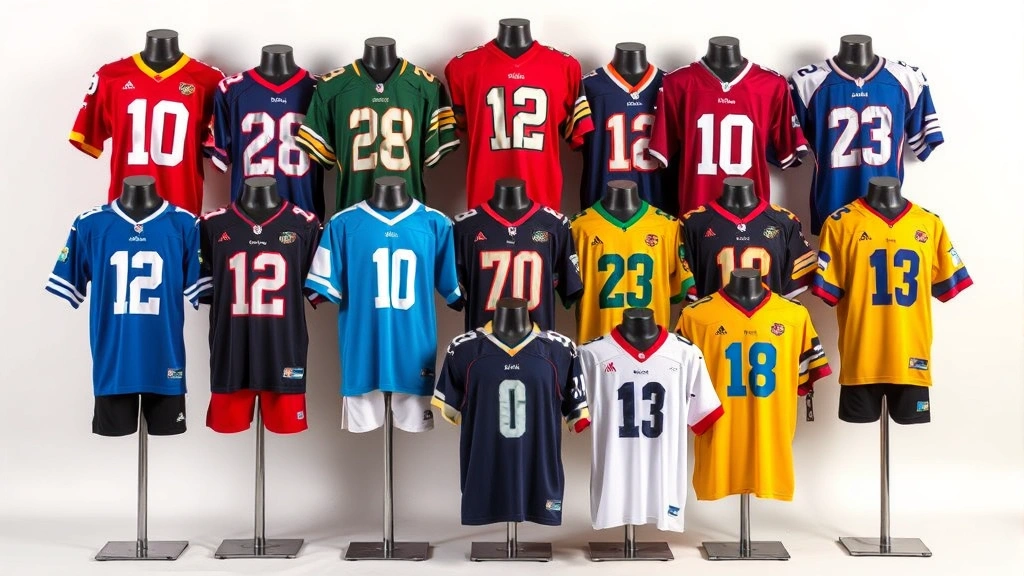 Collection of diverse football jerseys displayed on mannequins including vintage throwback designs, modern contemporary uniforms in various team colors arranged artistically against neutral backdrop