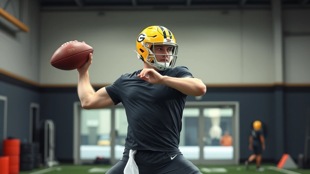 Professional quarterback performing explosive rotational medicine ball exercise in high-performance training facility, dynamic movement captured mid-rotation with intense focus