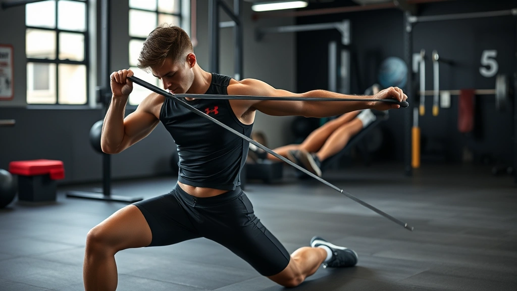 Elite athlete demonstrating core stability rotational movement with resistance band during advanced conditioning session in modern strength training environment