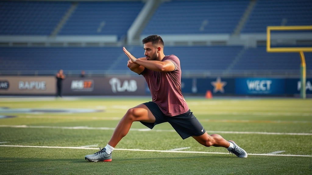 Professional football player performing dynamic stretching and mobility work on training field before high-intensity workout session with visible preparation intensity