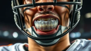 Professional football player wearing a custom-fitted mouth guard during intense defensive play, close-up of mouth and lower face, sweat visible, protective gear visible, stadium lighting background, action-focused photorealistic