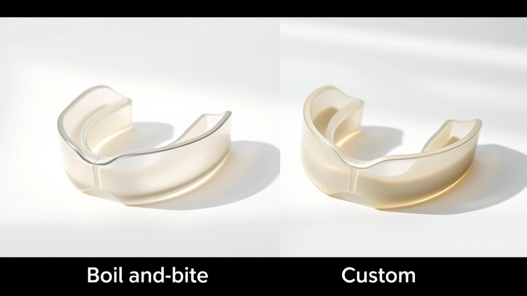 Comparison display of different mouth guard types side by side on a white surface with soft lighting, showing boil-and-bite and custom options, clean dental professional presentation style photorealistic