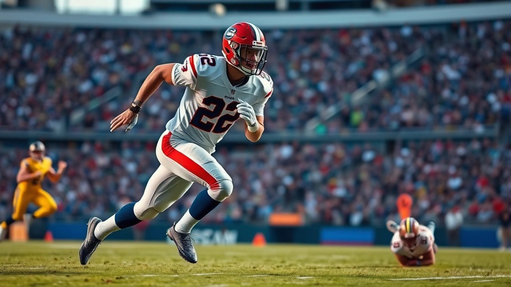 Professional football player in mid-sprint during intense match, displaying explosive lower-body power and athletic form on grass field with stadium background