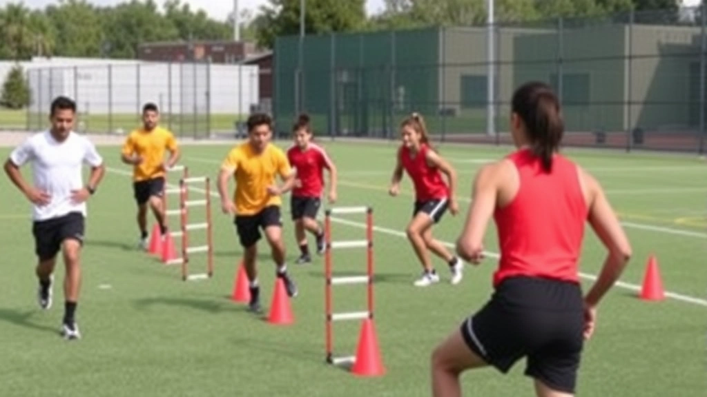 Team of athletes performing group training session with agility ladder drills and cone work, emphasizing conditioning and movement development on outdoor field