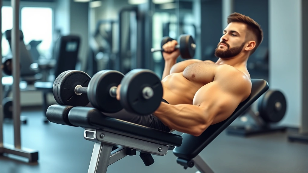 Muscular man performing dumbbell bench press with controlled form on adjustable weight bench, proper body positioning, concentrated expression, professional gym setting
