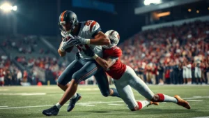 Professional football player in full protective gear including padded pants, executing a powerful tackle on opponent during nighttime stadium game with crowd visible in background, dynamic action shot showing impact moment