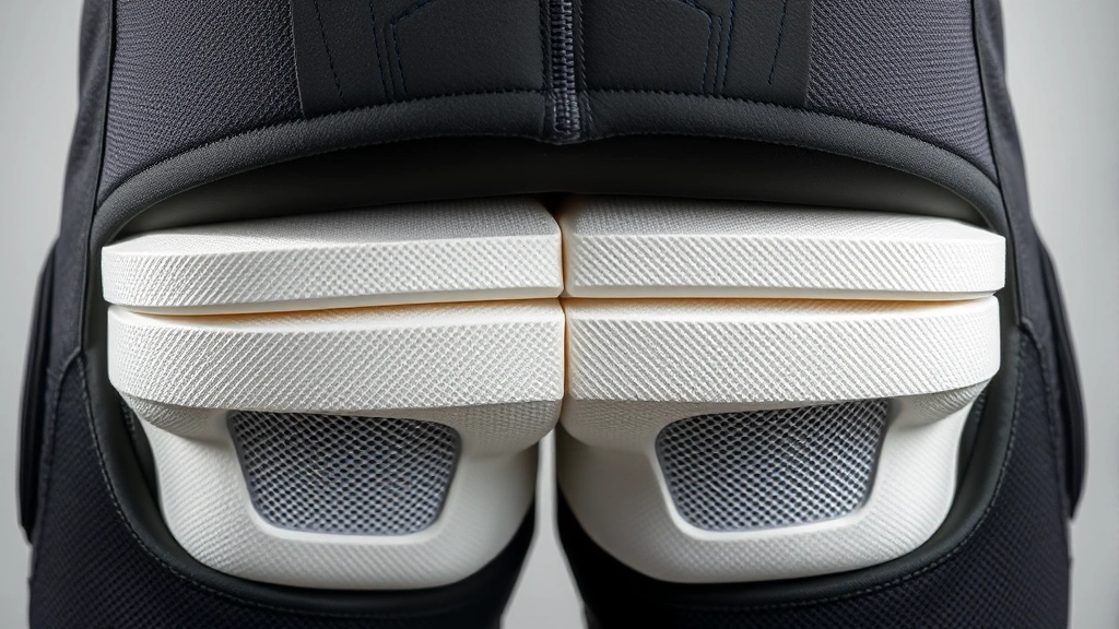 Close-up detail of multi-density foam padding inside football pants showing protective technology, highlighting hip and thigh padding layers with athletic fabric construction, professional product photography style