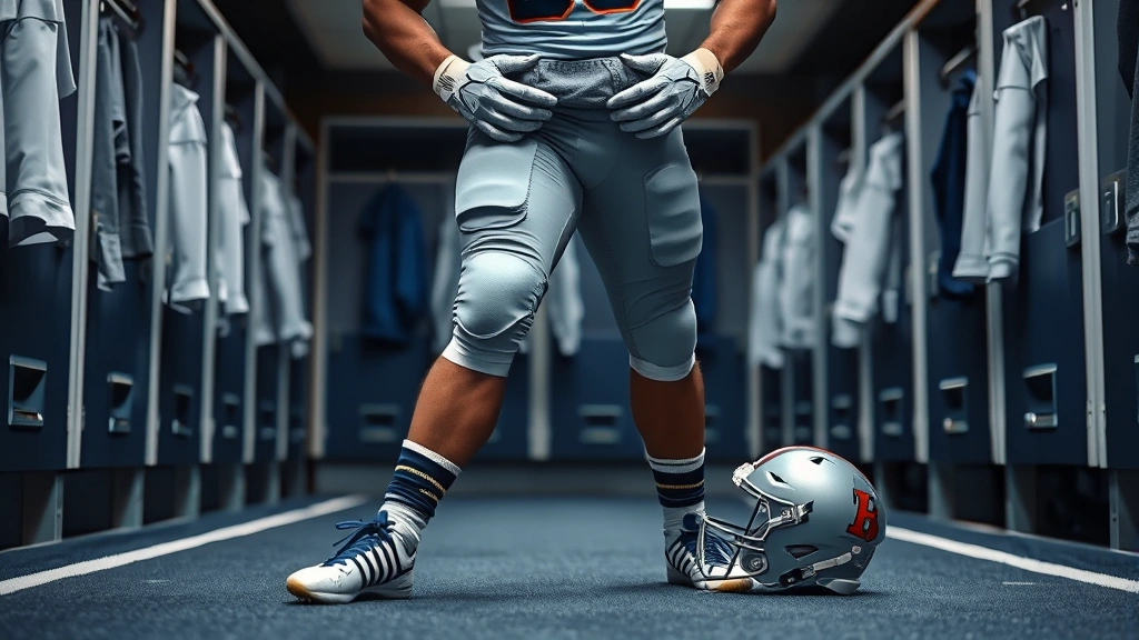 College football player recovering from ground contact wearing protective football pants, standing in locker room adjusting uniform, showing confidence and readiness for competition, realistic athletic environment