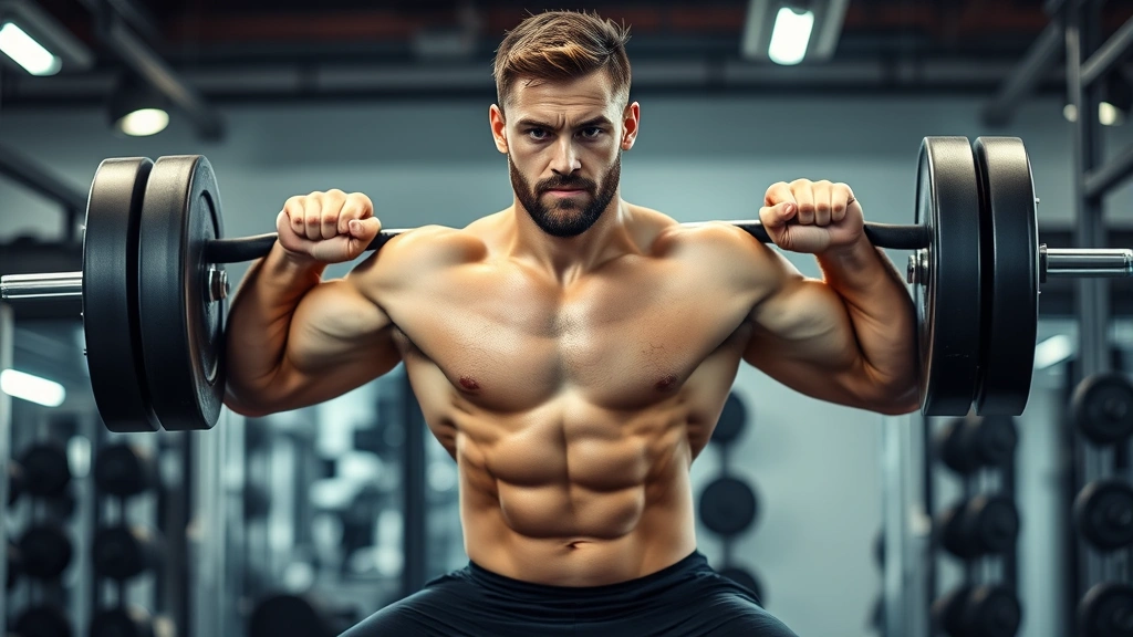 Athletic male football player performing heavy barbell back squat in professional gym setting, muscular physique, intense focused expression, proper form depth, gym equipment blurred background