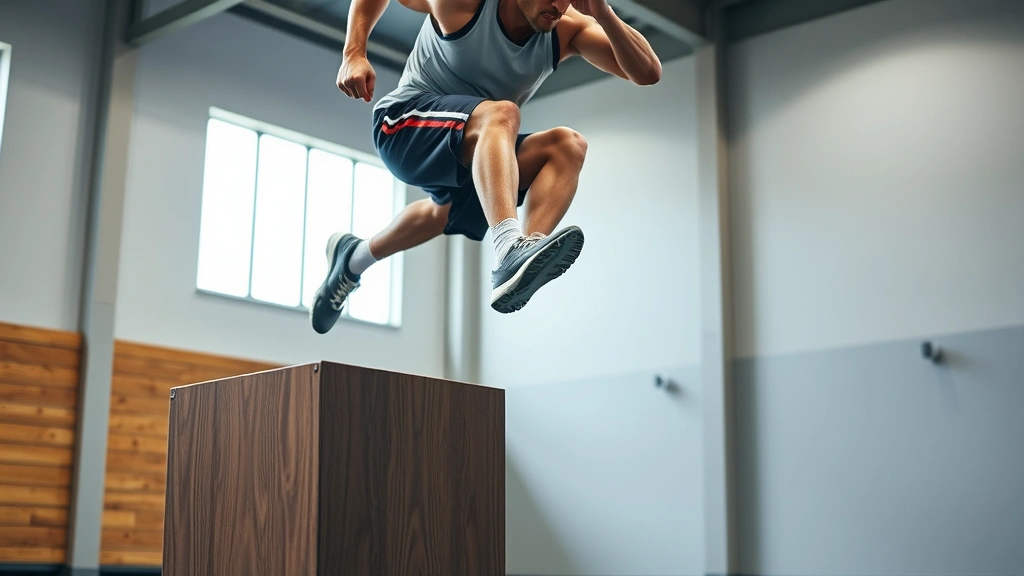 Explosive power movement: fit football athlete executing plyometric box jump with explosive lower body power, athletic shoes mid-air, gymnasium setting, dynamic action shot