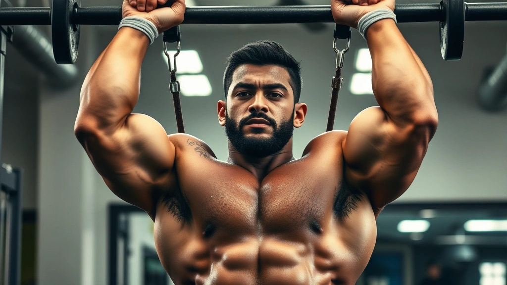 Strength and conditioning: professional football player performing weighted pull-ups with serious intensity, upper body strength focus, gym environment, athletic determination visible