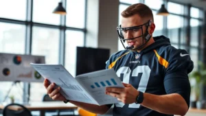 Professional football player in training gear reviewing financial documents and charts on tablet, focused expression, modern office setting, natural lighting, motivational atmosphere