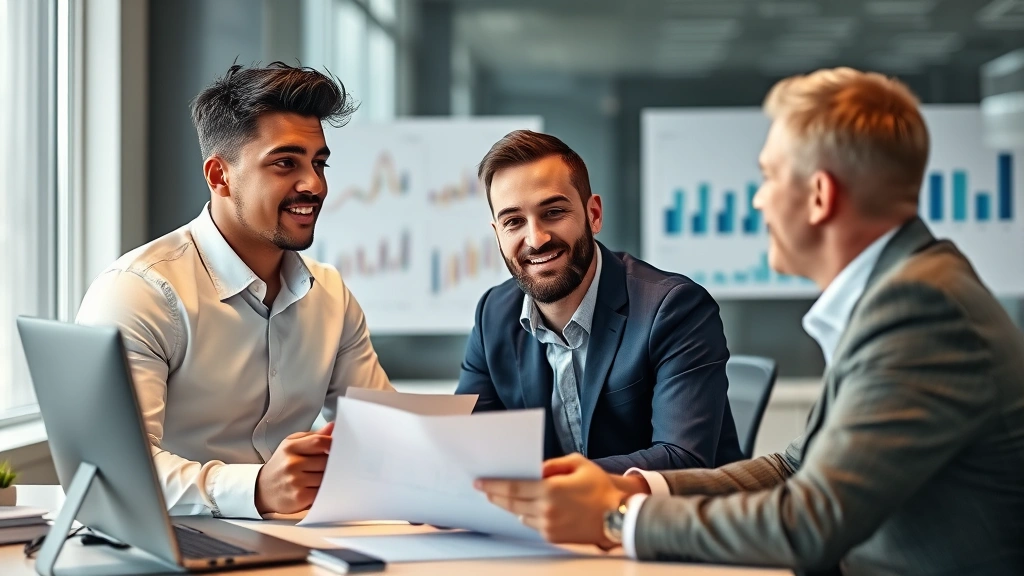 Confident athlete in business casual attire discussing financial strategy with advisor at desk, professional environment, charts and graphs visible in background, collaborative mood