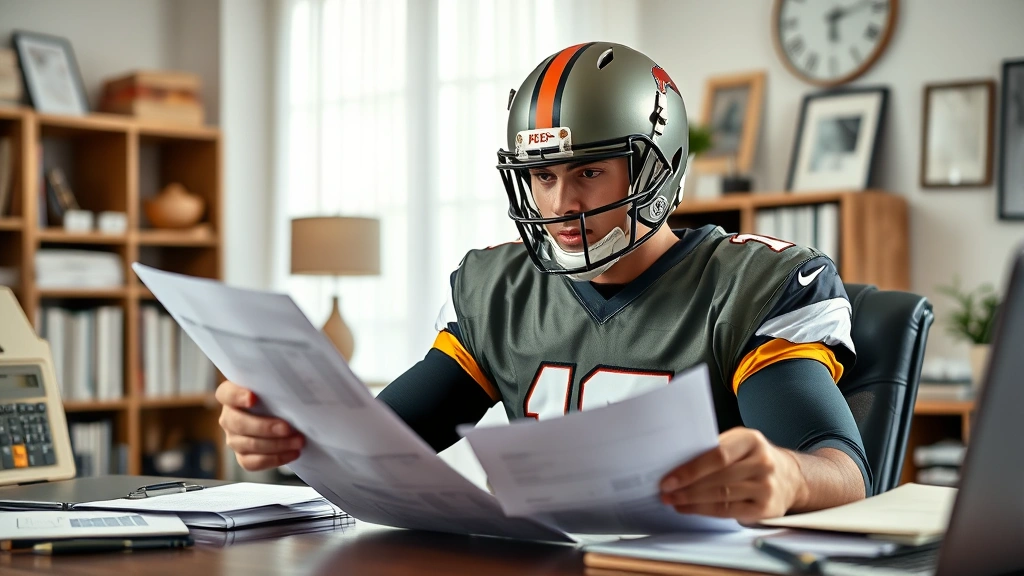 Football player in home office reviewing mortgage documents and debt calculations, surrounded by financial planning materials, determined expression, success-oriented setting