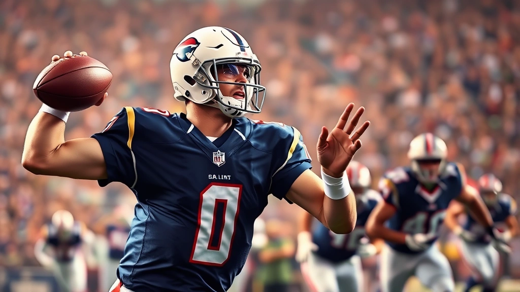 Professional football quarterback in full uniform mid-throw during intense game action, stadium lights reflecting off helmet visor, defensive players rushing in background, photorealistic action shot