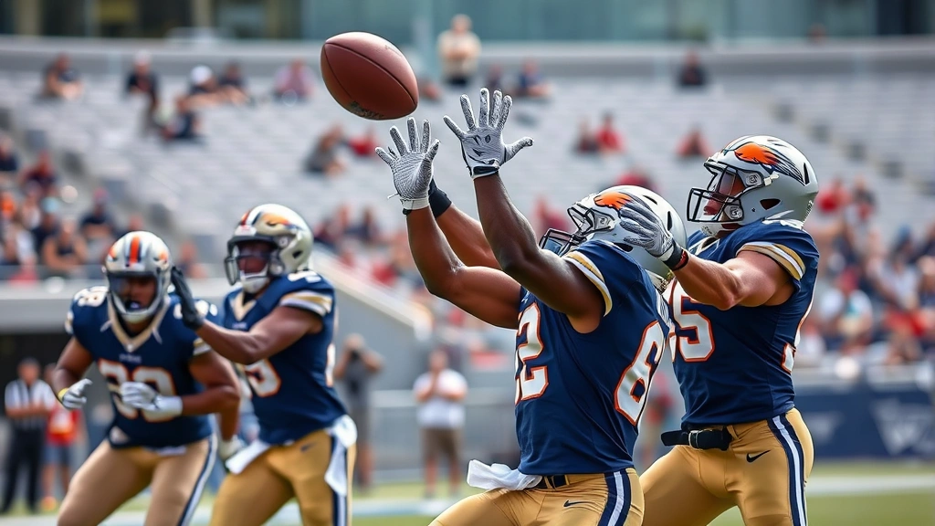 Professional football players executing a dynamic pass play with receiver catching ball mid-air, showing explosive athletic movement and concentration, outdoor stadium lighting, action photography