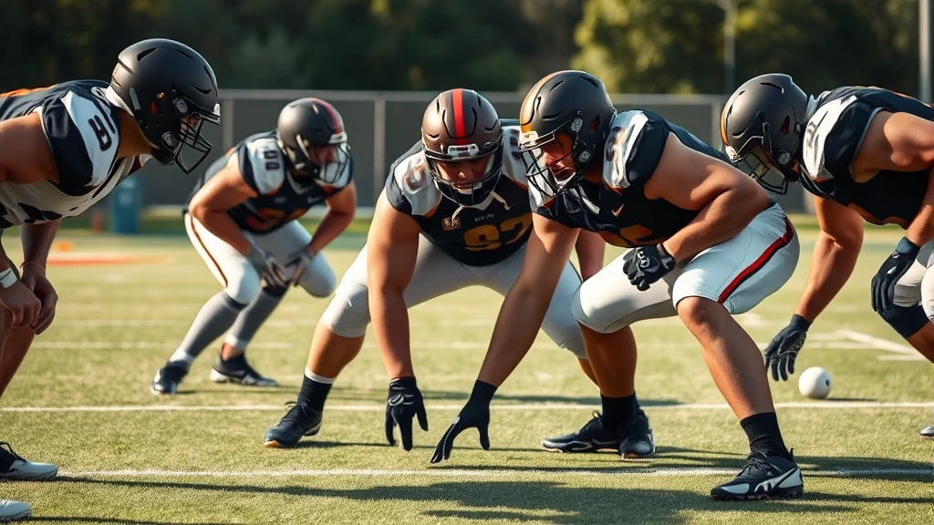 Defensive linemen in low athletic stance preparing to execute gap-control play, showcasing muscular physique and intense focus, training field environment with natural lighting