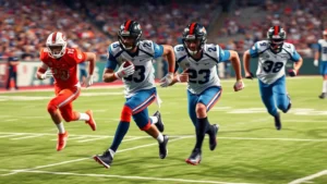 Professional football players sprinting at full speed during competitive match play, showing intense athletic effort and dynamic movement, photorealistic action photography