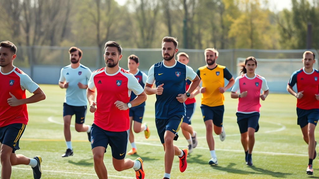 Mixed group of football players jogging together during training session, showing cardiovascular conditioning work, mid-field positioning, bright natural daylight