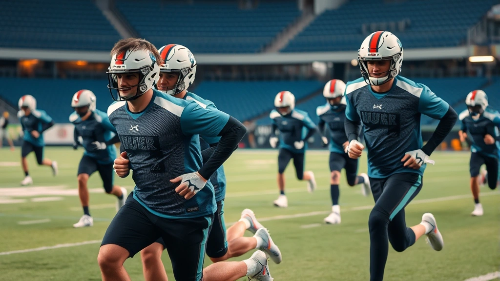 Football team performing intense interval training drills with sprint efforts and recovery periods, showing physical conditioning and teamwork, professional stadium or field setting