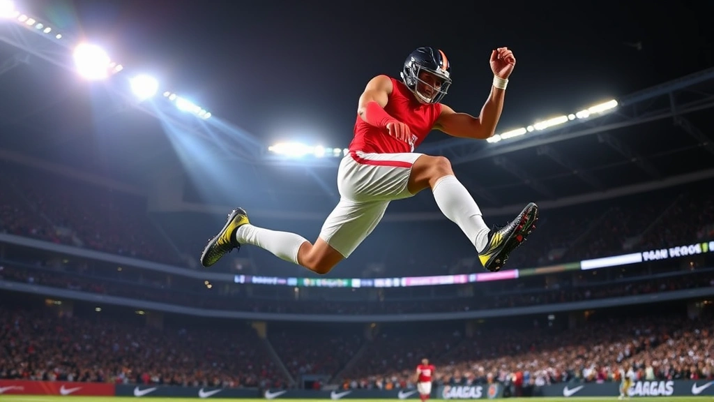 Professional football player performing explosive vertical jump with perfect form, muscular athletic body mid-jump, stadium lights background, dynamic action shot, no text or labels