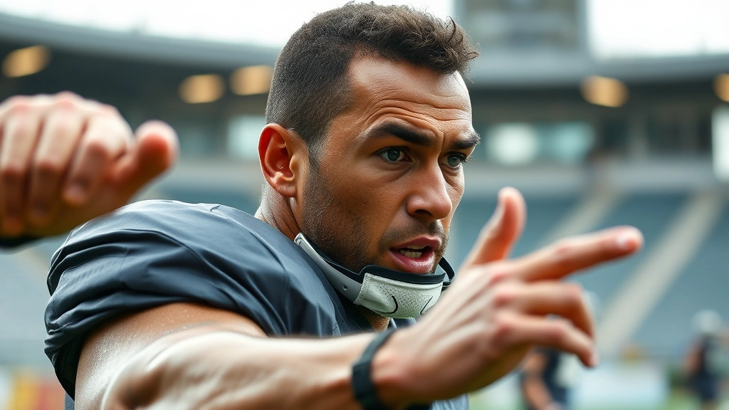 Professional football player in intense training session, sweat visible, focused expression, performing explosive athletic movement, stadium or practice facility background, natural lighting, motivational athletic energy