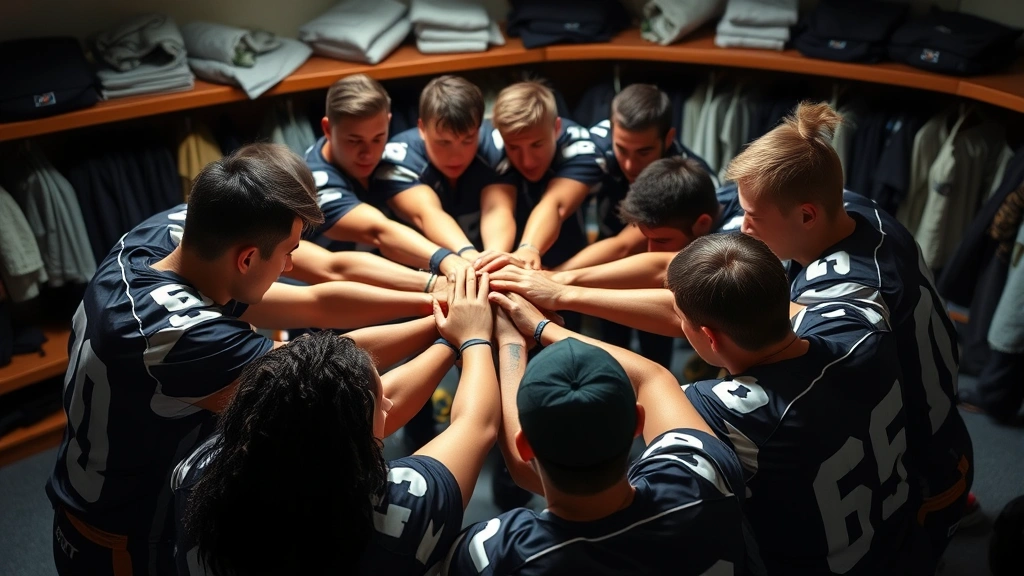 Team huddle moment with players gathered closely, hands together in center, unified focus, locker room or sideline setting, emotional intensity and brotherhood visible, natural athletic environment
