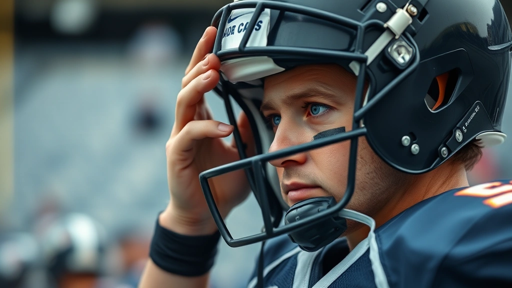 Individual football player in moment of concentration before competition, eyes focused, hand on helmet, mental preparation visible in facial expression, stadium or field background, pre-game intensity captured
